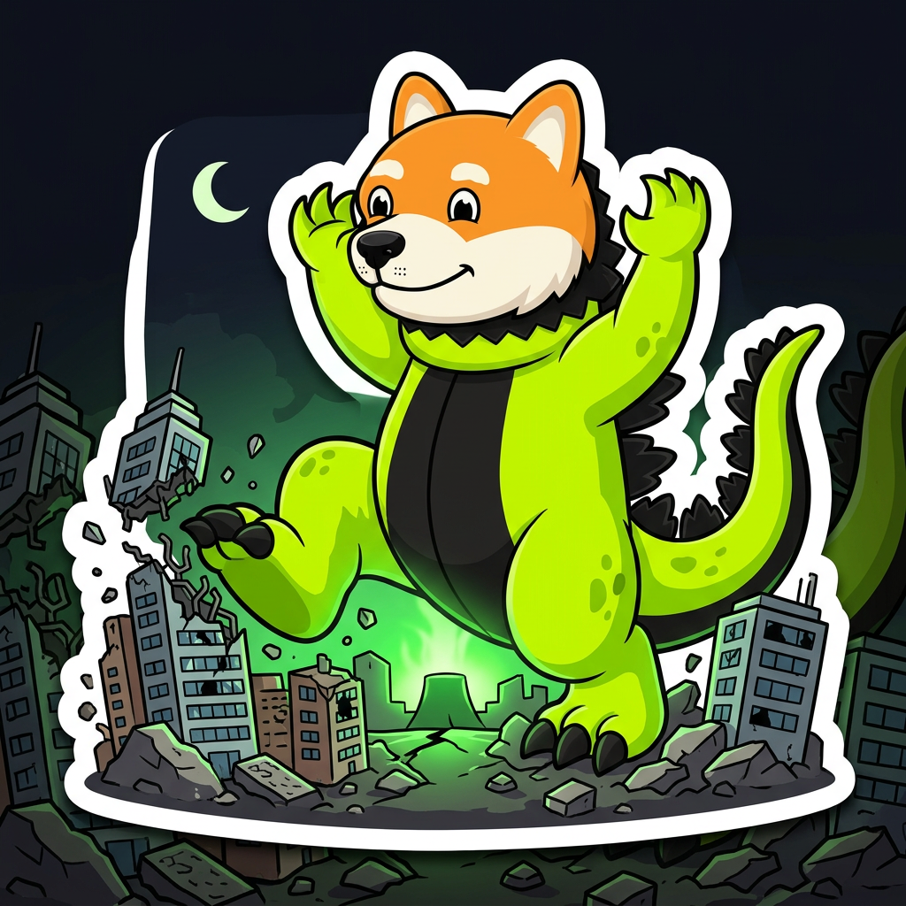 Dogezilla stomping through a destroyed city at night