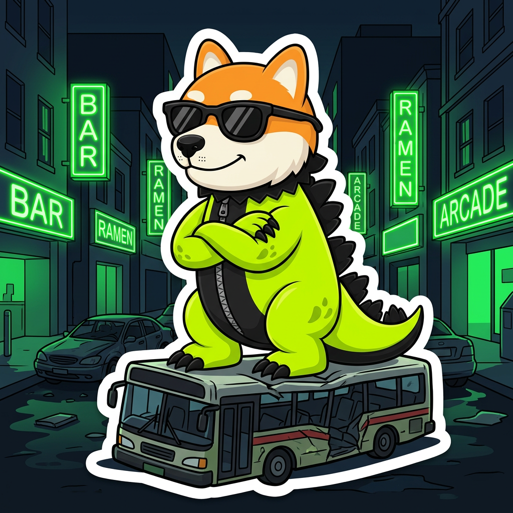 Dogezilla wearing sunglasses on a wrecked bus