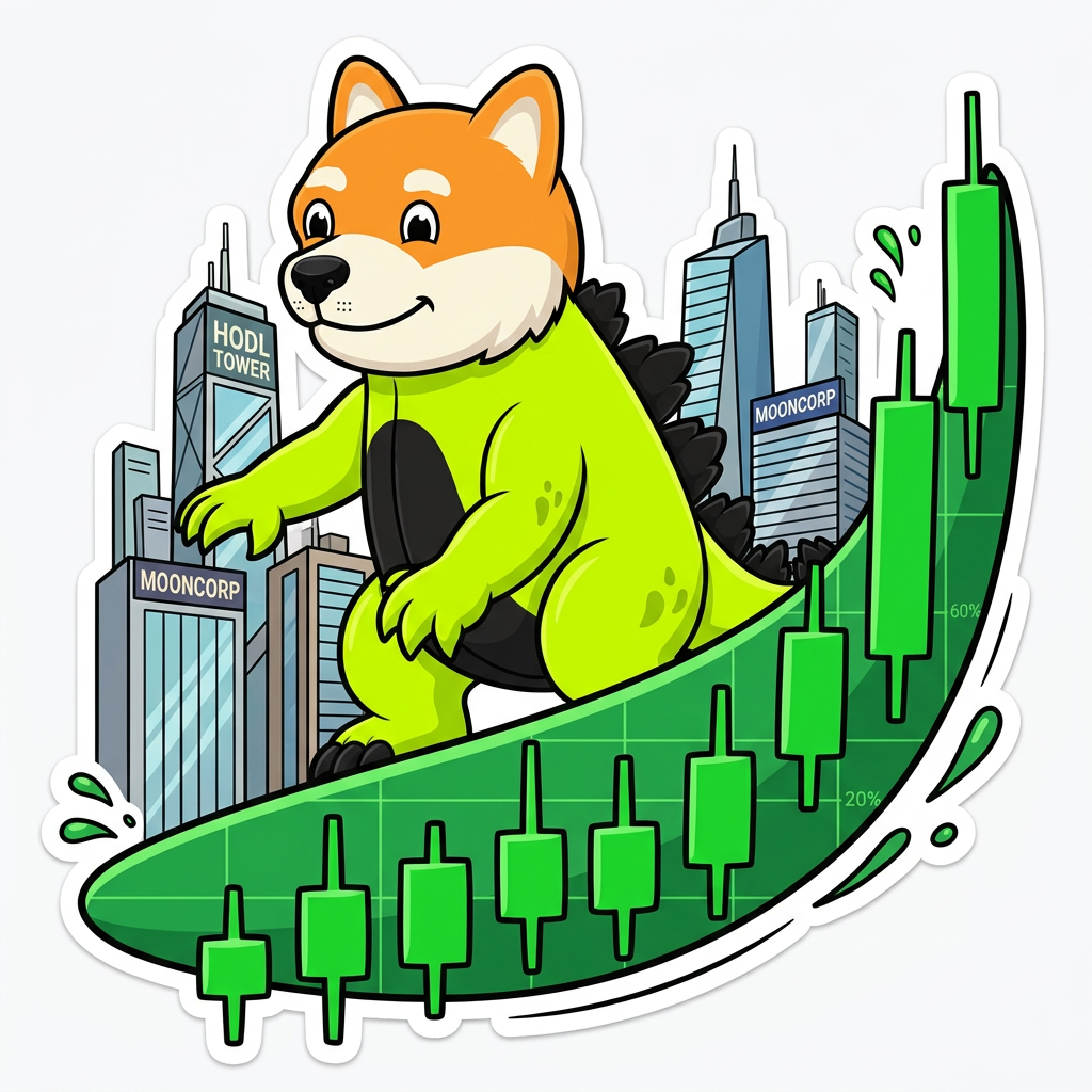 Dogezilla surfing a green candlestick chart