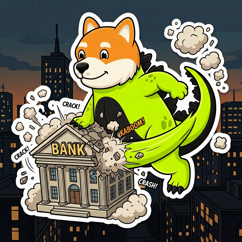 Dogezilla smashing a bank building with its tail