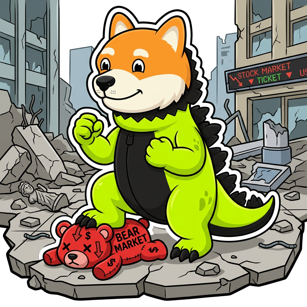 Dogezilla stepping on a red bear plush