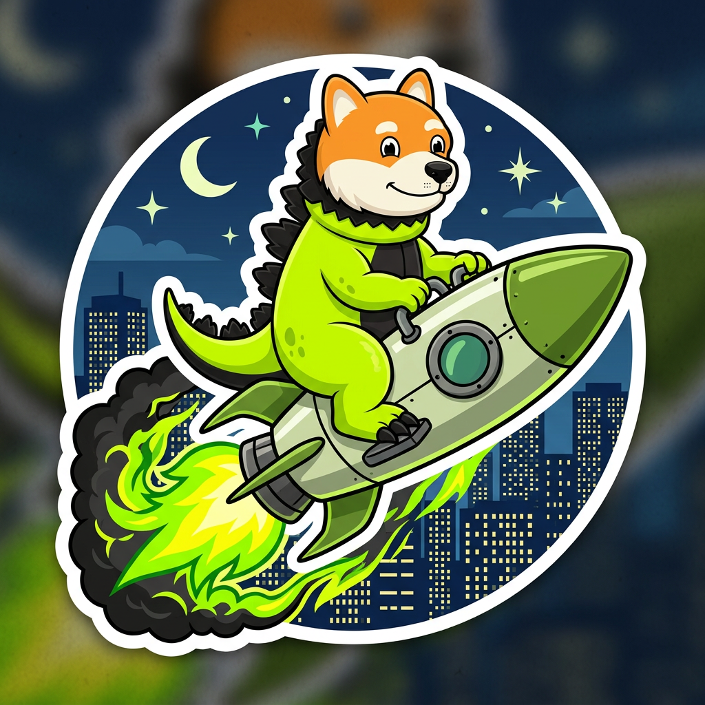 Dogezilla riding a rocket over the skyline
