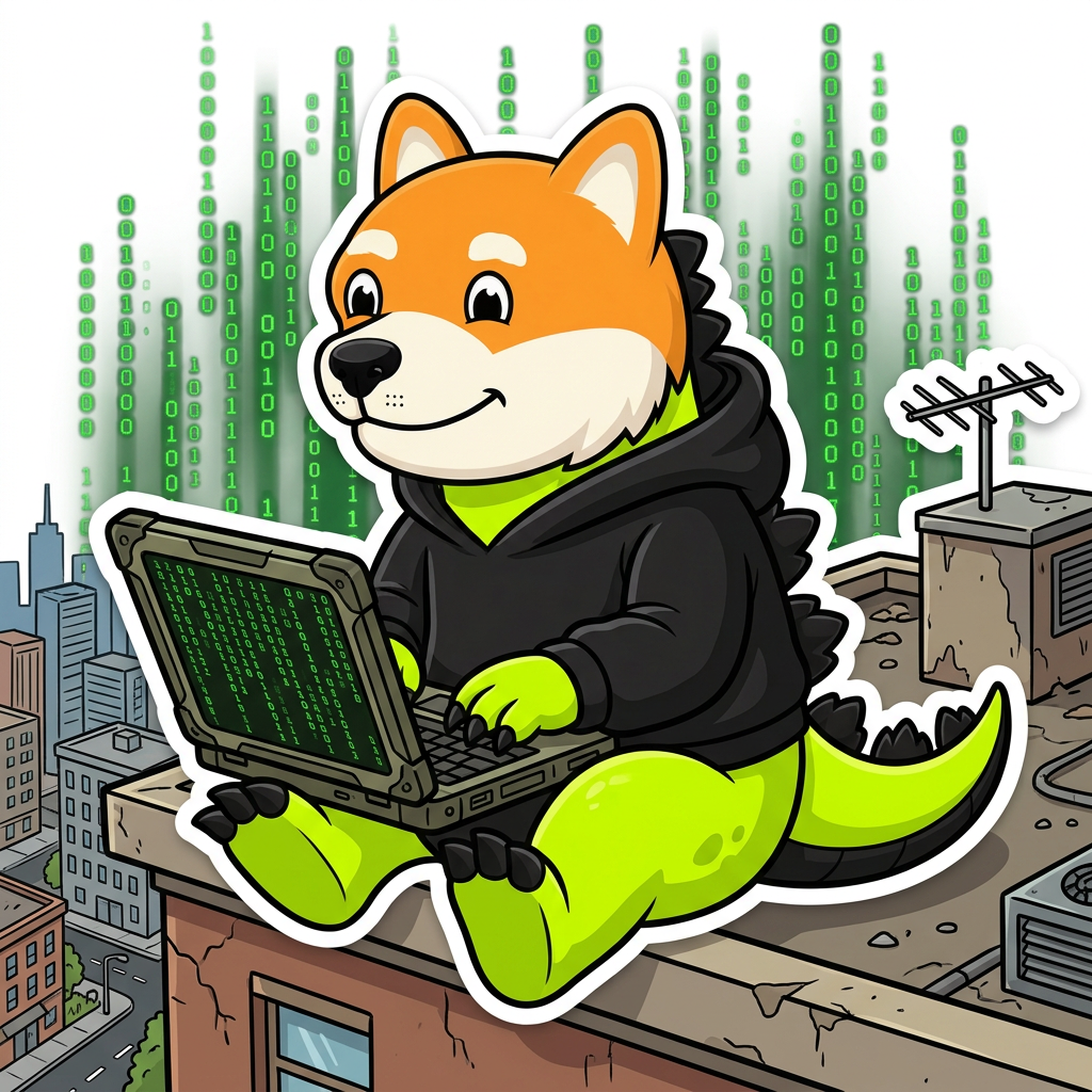 Dogezilla in a hoodie hacking on a rooftop