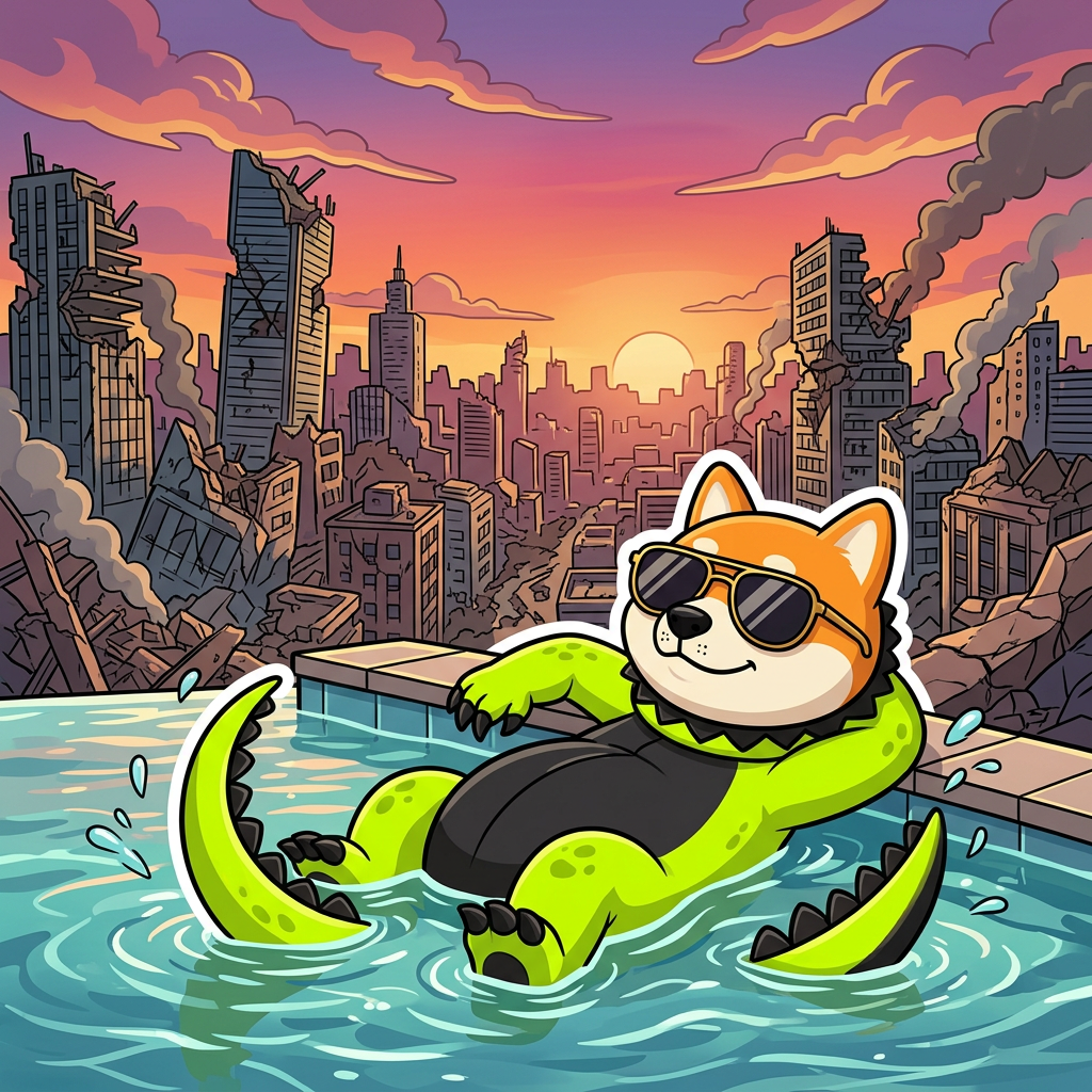 Dogezilla relaxing in a rooftop pool