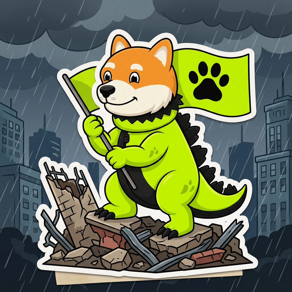 Dogezilla planting a paw-print flag on rubble