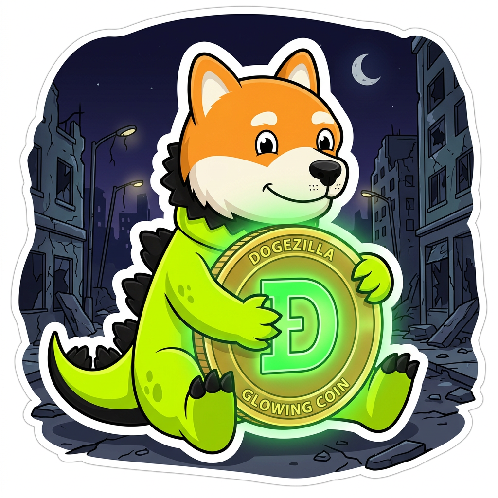 Dogezilla hugging a giant glowing Dogezilla coin